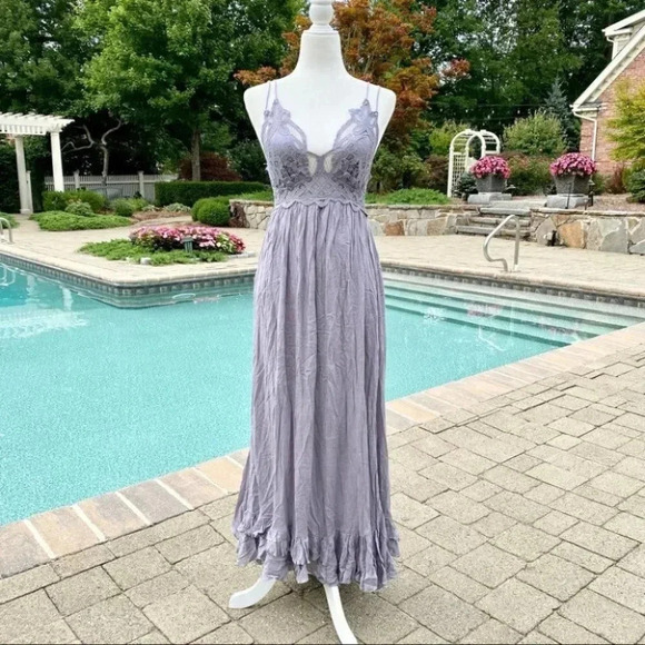 NWT Free People Adella Maxi Slip Dress Long Ruffle Lace Slate Purple Gray XS - Picture 5 of 10